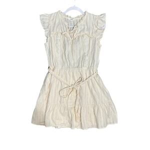 Mine Cap Sleeve Dress Women's L Cream Lined Waist Tie Boho Minimalist Girly